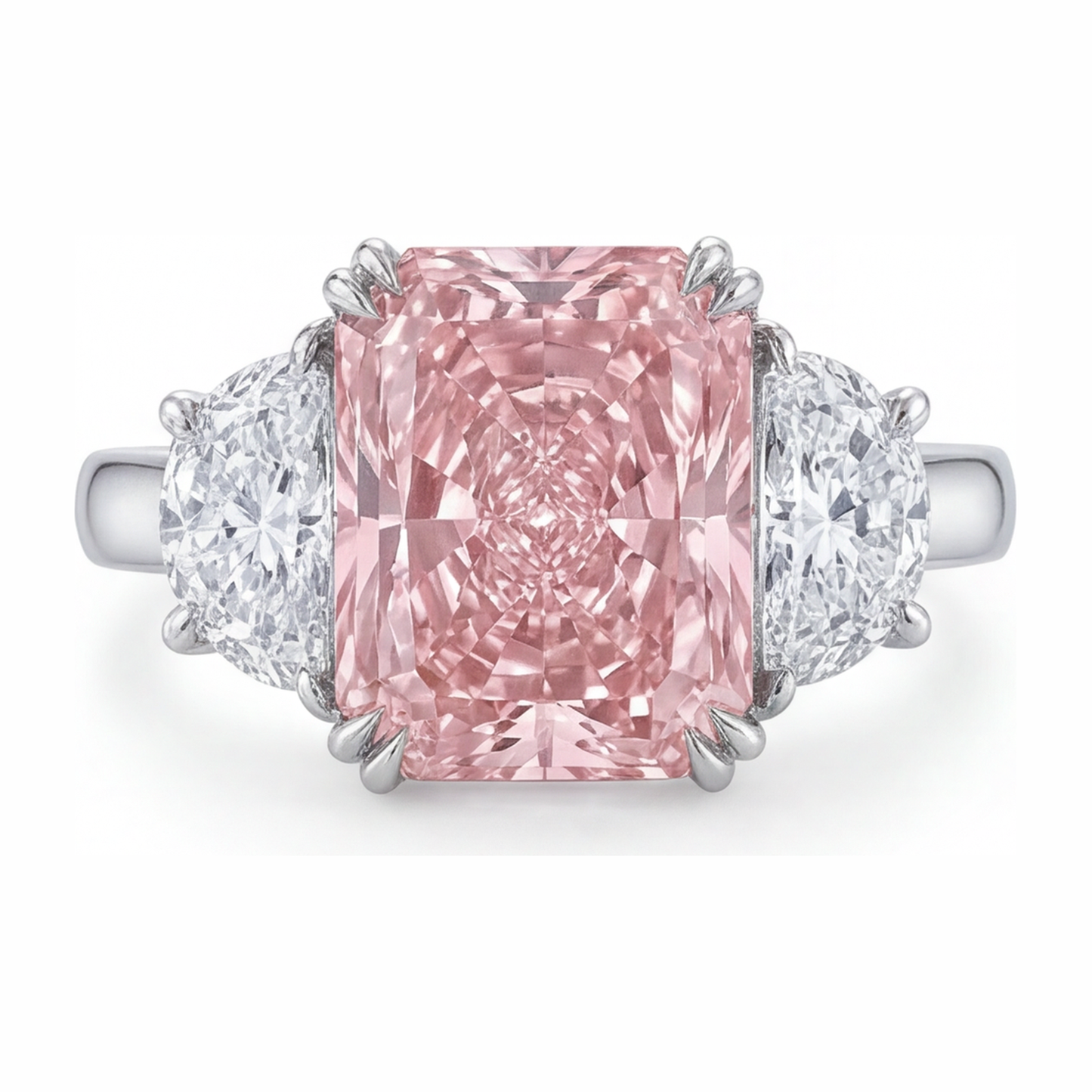 Pink Diamond Ring 6 Carat Lab Grown Radiant Three Stone Plain 14K White Gold