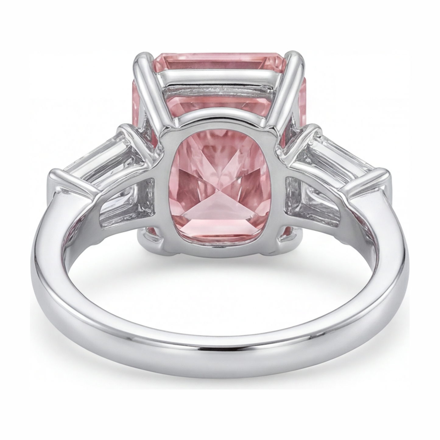 Pink Diamond Ring 6 Carat Lab Grown Radiant Three Stone Cathedral 14K White Gold