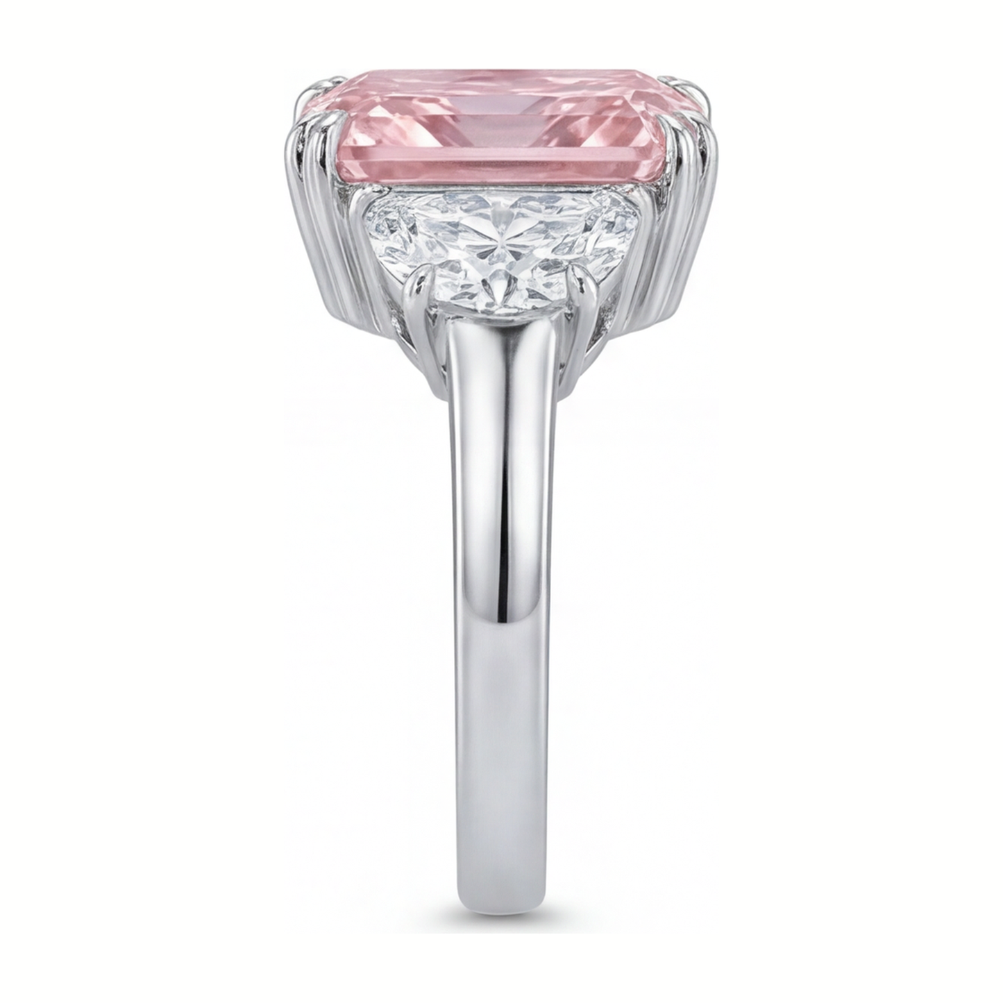 Pink Diamond Ring 6 Carat Lab Grown Radiant Three Stone Plain 14K White Gold