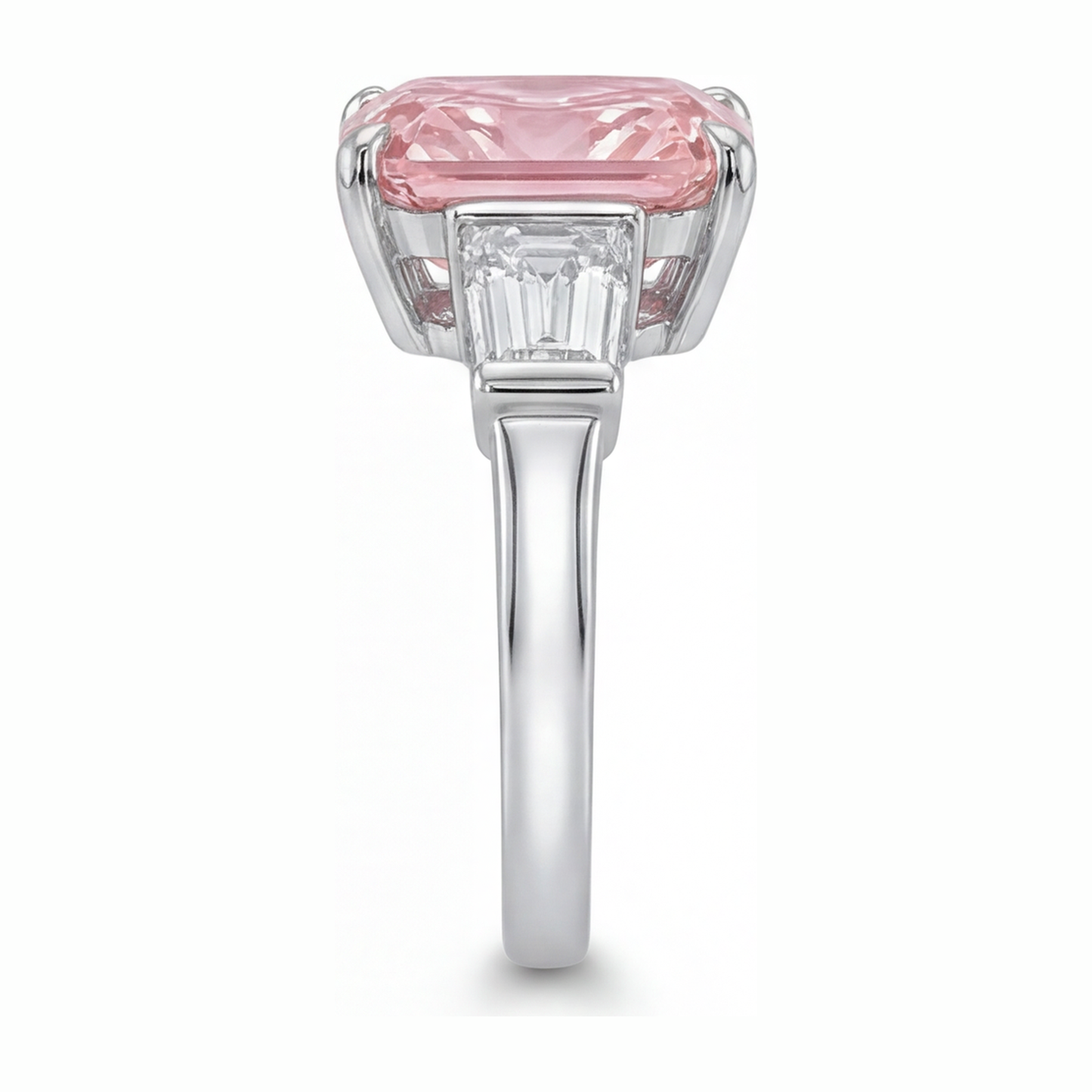 Pink Diamond Ring 6 Carat Lab Grown Radiant Three Stone Cathedral 14K White Gold