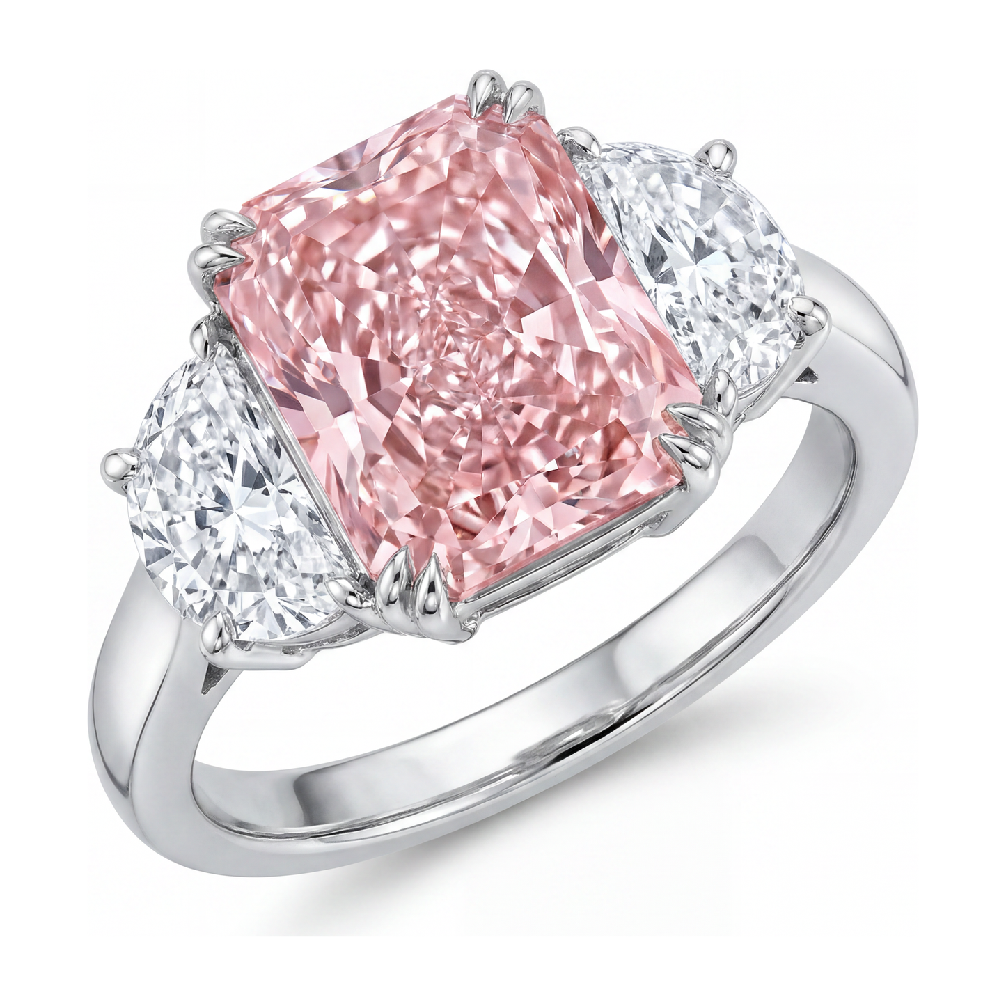Pink Diamond Ring 6 Carat Lab Grown Radiant Three Stone Plain 14K White Gold