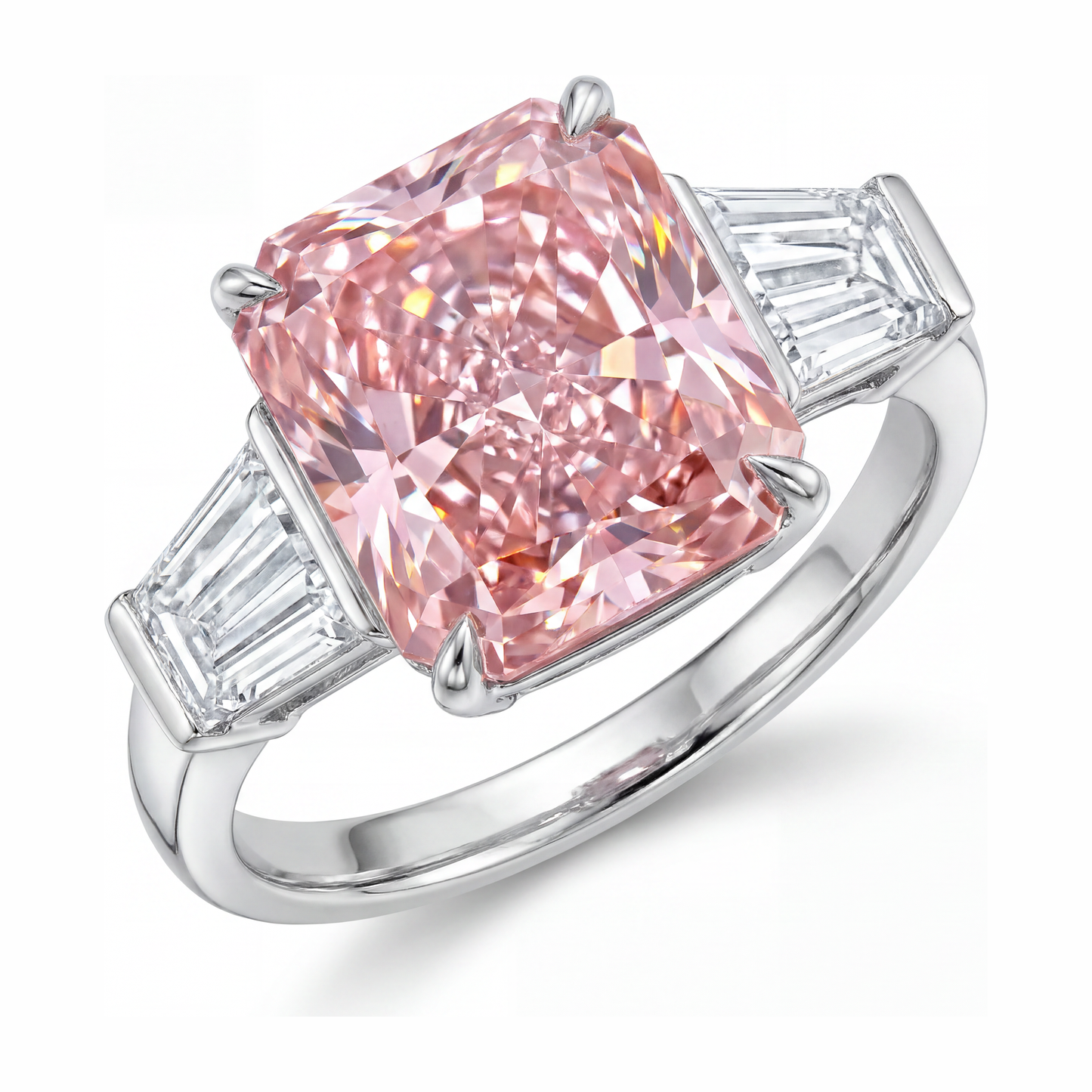 Pink Diamond Ring 6 Carat Lab Grown Radiant Three Stone Cathedral 14K White Gold