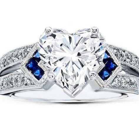 6.50 Carats Real Heart Cut Diamond With Sapphire Wedding Ring WG 14K