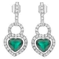 6.70 Carats Heart Shape Green Emerald Dangle Earring 14K White Gold