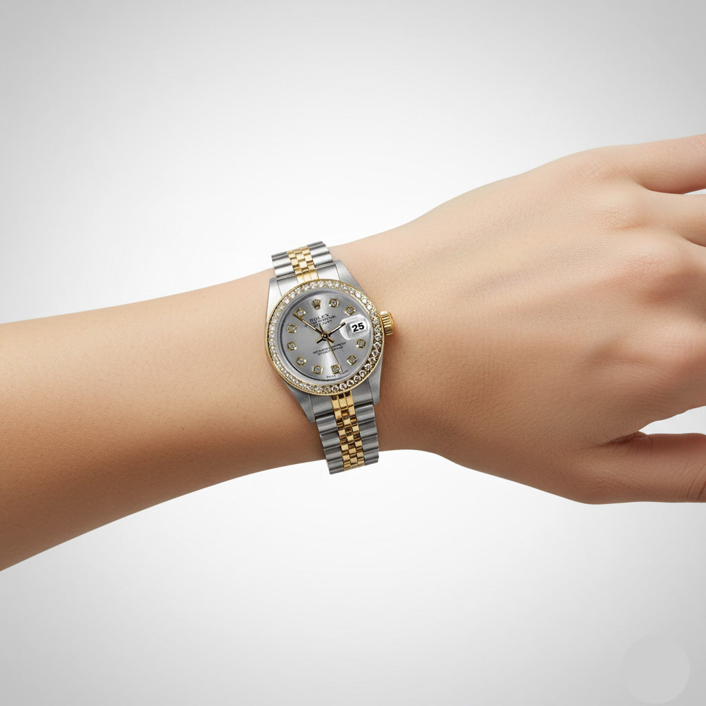 Rolex Silver Diamond Dial Datejust Women Watch Two Tone Bracelet