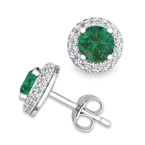 6 Carats Round Cut Green Emerald & Diamonds Studs Halo Earrings White Gold
