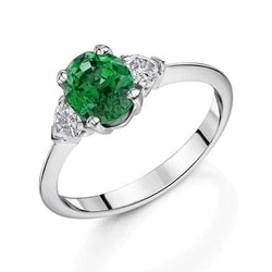 6 Carats Three Stone Green Emerald And Natural Earth Mined Diamonds Ring 14K White Gold