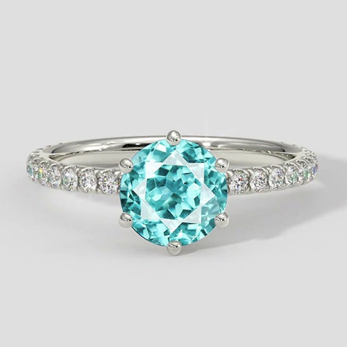 6 Prong Round Paraiba Ring with Diamond Accents