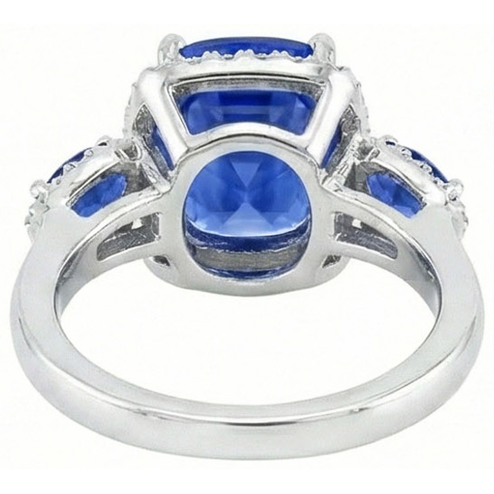 7.25 Ct Cushion Ceylon Sapphire And Natural Earth Mined Diamond ( Not Lab Grown ) s Ring White Gold 14K