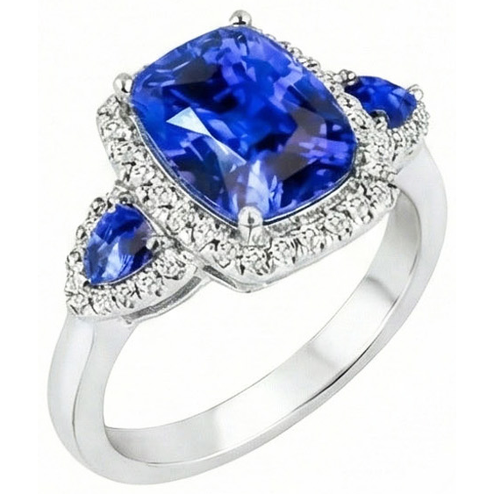 7.25 Ct Cushion Ceylon Sapphire And Natural Earth Mined Diamond ( Not Lab Grown ) s Ring White Gold 14K