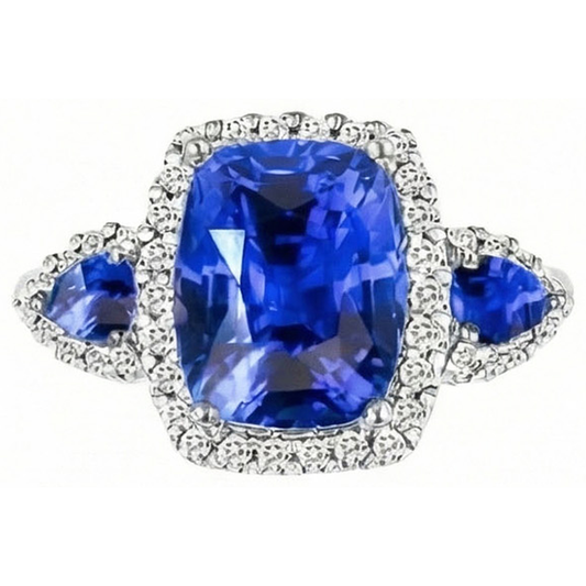 7.25 Ct Cushion Ceylon Sapphire And Natural Earth Mined Diamond ( Not Lab Grown ) s Ring White Gold 14K