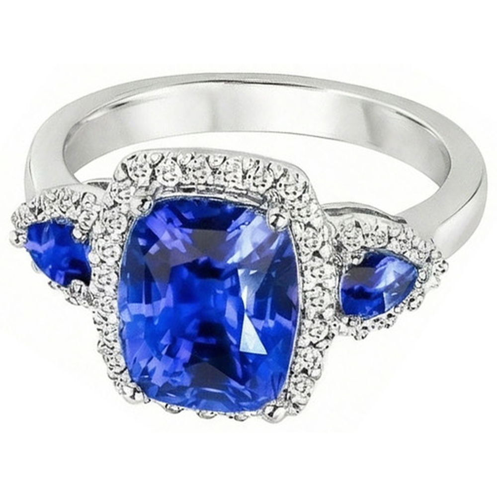 7.25 Ct Cushion Ceylon Sapphire And Natural Earth Mined Diamond ( Not Lab Grown ) s Ring White Gold 14K