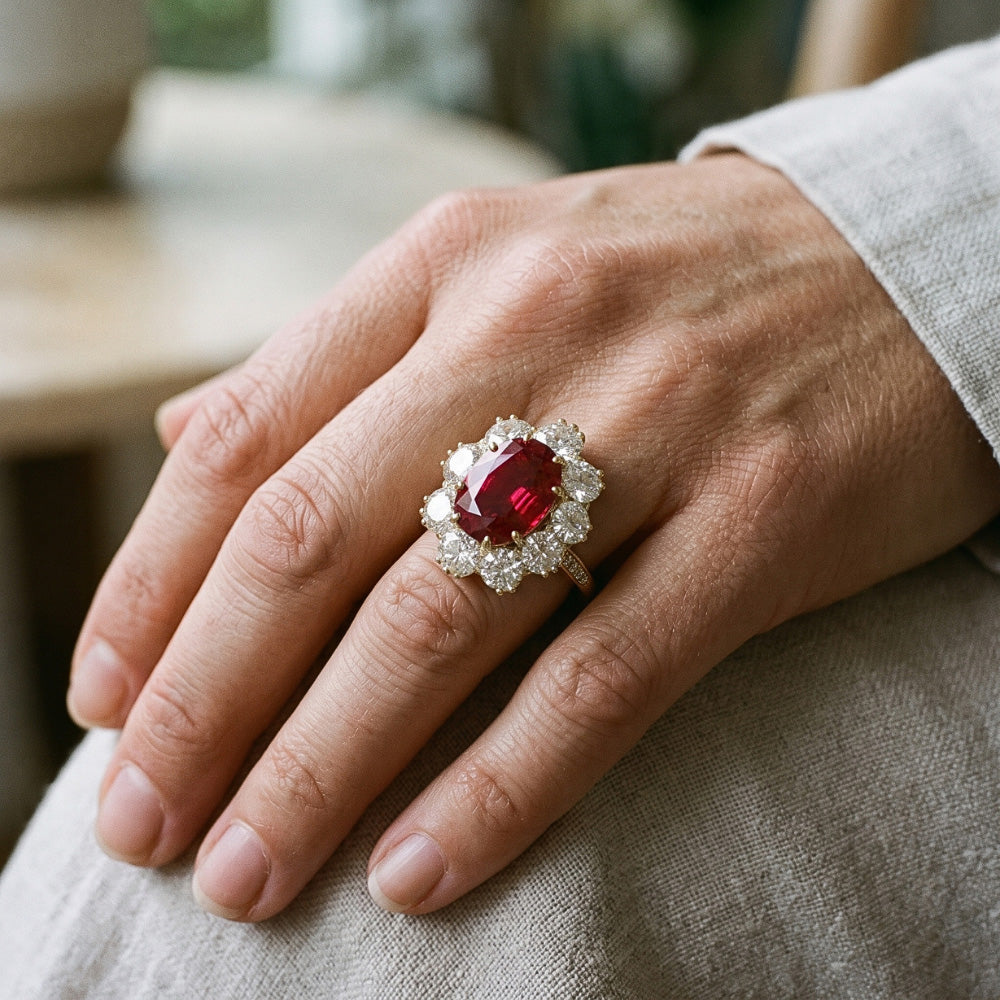 7.25 Ct Prong Set Oval Cut Garnet And Natural Earth Mined Diamond ( Not Lab Grown )s Engagement Ring