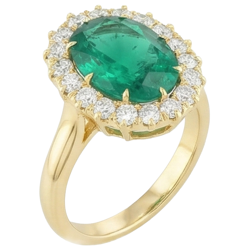 natural round emerald 7.50ct ring on white background