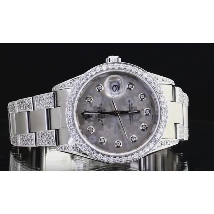 7 Ct Custom Diamond Covered Flower Dial Rolex Watch Datejust Ss