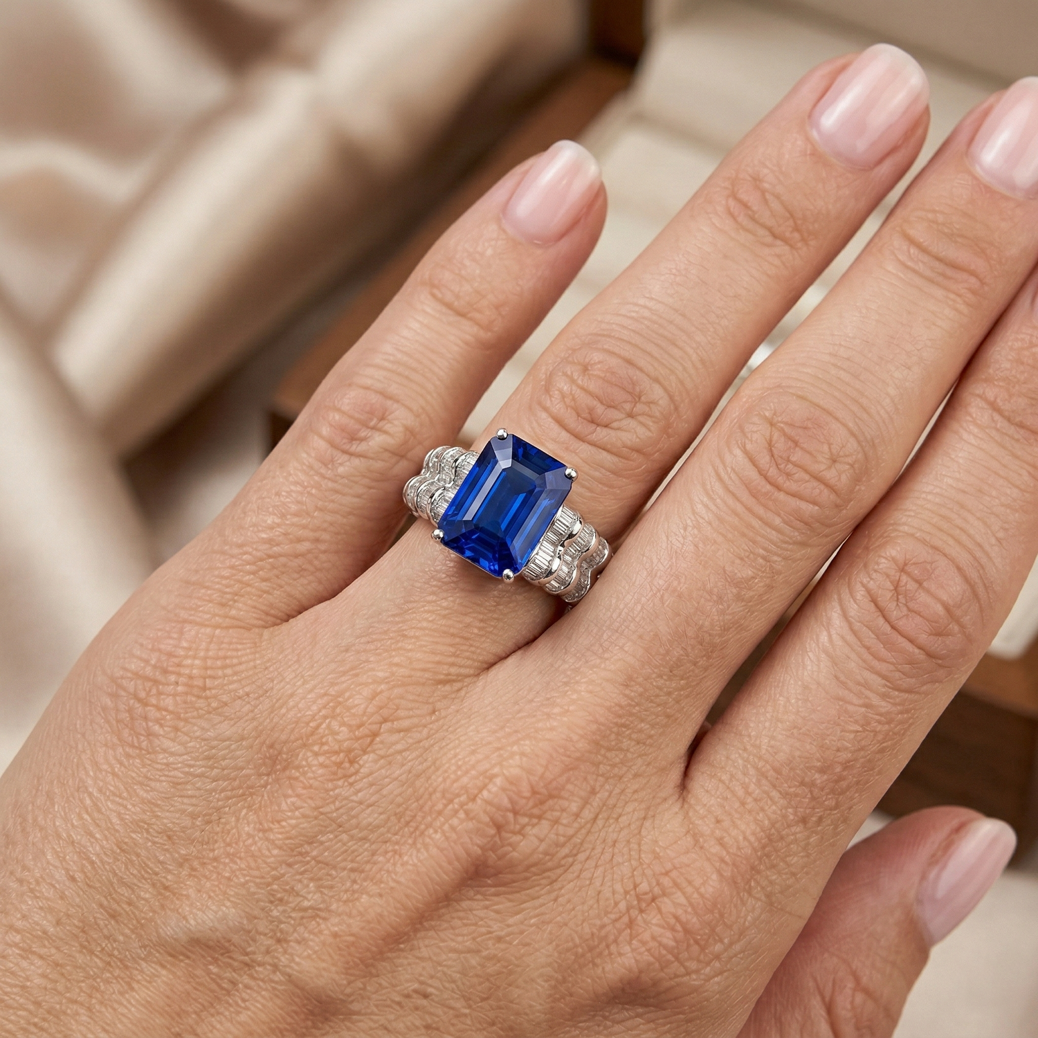 natural baguette sapphire 7.50ct ring on white background