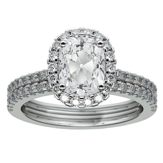 7 Carats Halo Round & Cushion Old Miner Real Diamond Wedding Ring Set