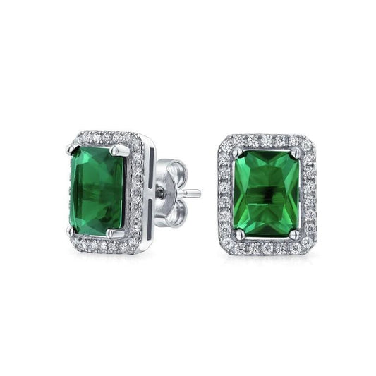 7 Ct Green Emerald With Round Diamonds Studs Halo Earrings Gold