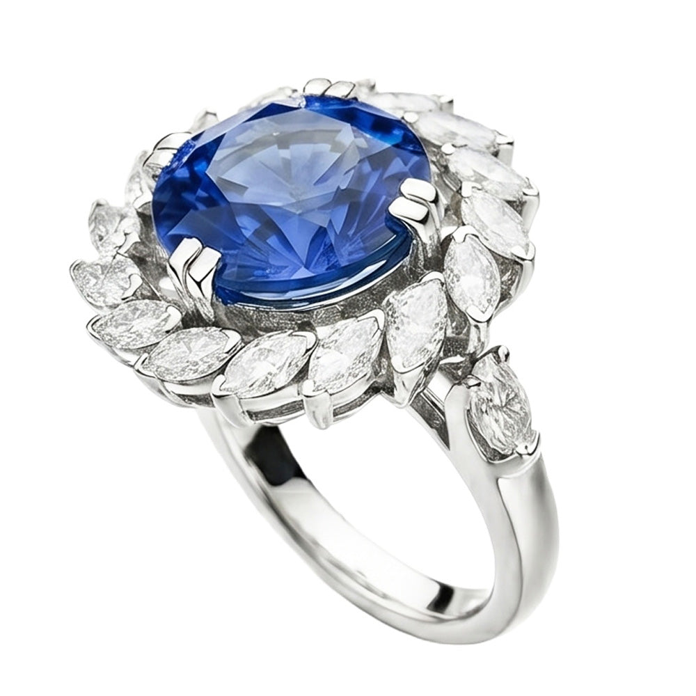 8.25 Ct. Big Sri Lanka Sapphire And Marquise Natural Earth Mined Diamond ( Not Lab Grown ) s Ring