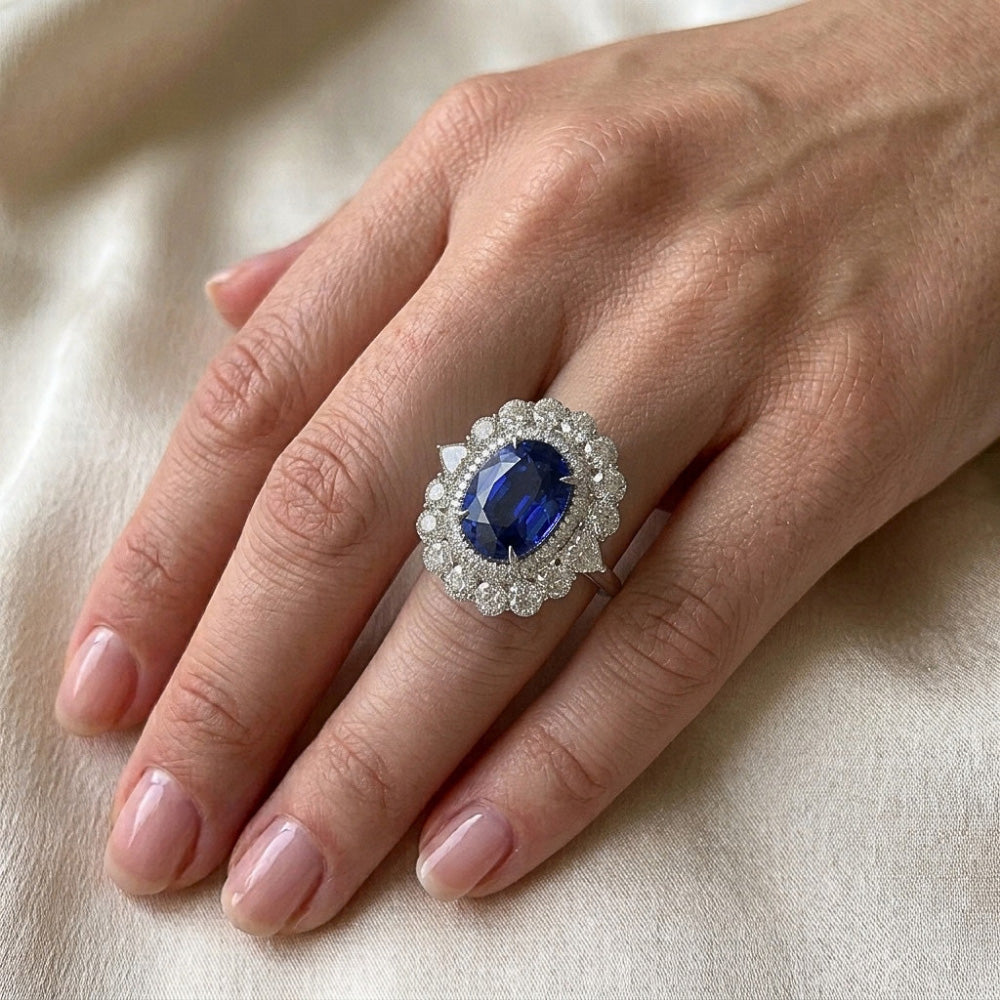 8.50 Carats Blue Sapphire Natural Earth Mined Diamond ( Not Lab Grown ) Wedding Ring White Gold 14K
