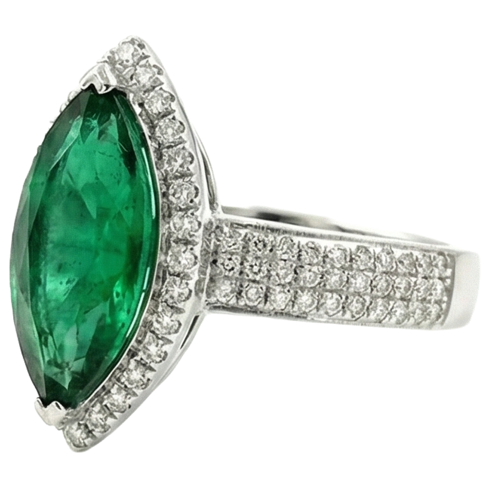 8.50 Carats Green Emerald With Natural Earth Mined Diamond Ring White Gold Fine Jewelry