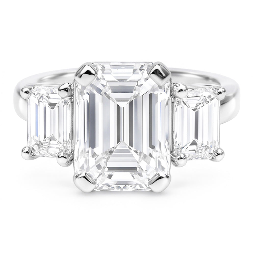 8 Carats Emerald Real Natural Earth Mined Diamond ( Not Lab Grown )s Three Stone Ring White Gold 14K New