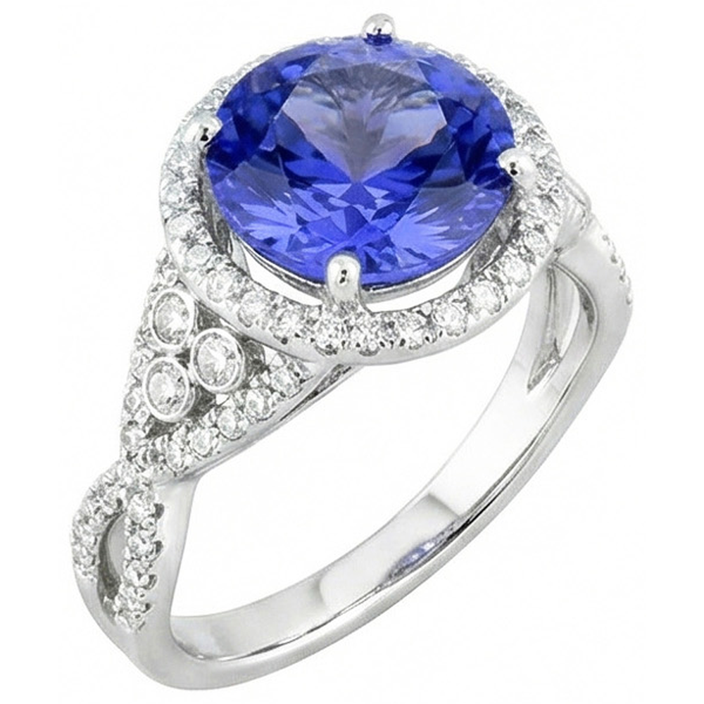 8 Cts. Round Ceylon Sapphire And Natural Earth Mined Diamond ( Not Lab Grown )s Ring White Gold 14K