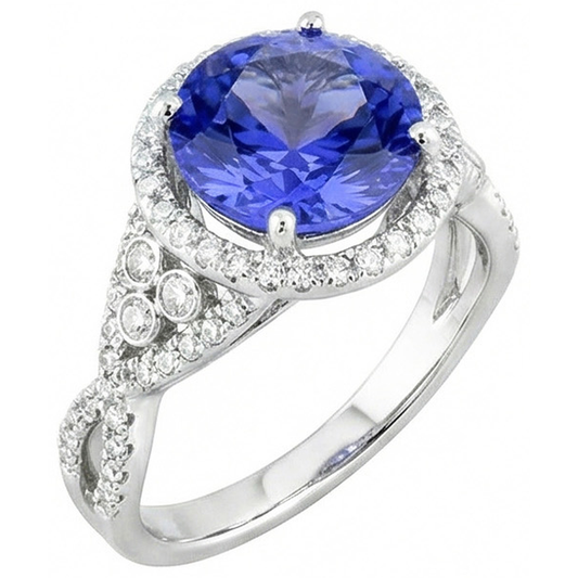8 Cts. Round Ceylon Sapphire And Natural Earth Mined Diamond ( Not Lab Grown )s Ring White Gold 14K