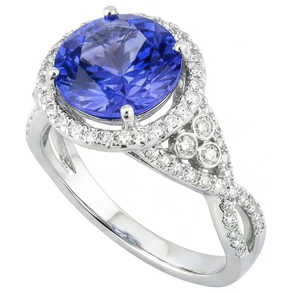 8 Cts. Round Ceylon Sapphire And Natural Earth Mined Diamond ( Not Lab Grown )s Ring White Gold 14K