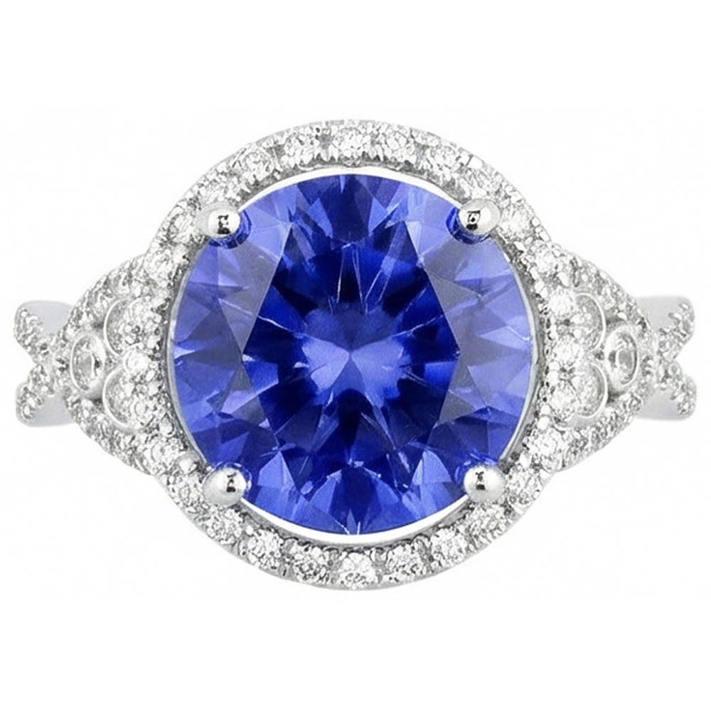 8 Cts. Round Ceylon Sapphire And Natural Earth Mined Diamond ( Not Lab Grown )s Ring White Gold 14K
