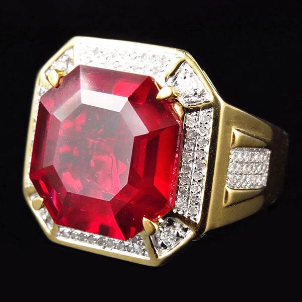 8.75 Ct Red Asscher Cut Men's Ruby Ring With Natural Earth Mined Diamonds Gold Jewelry