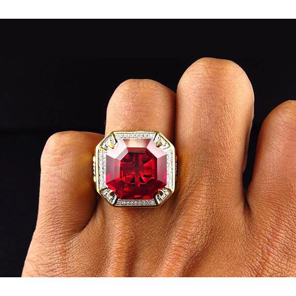 8.75 Ct Red Asscher Cut Men's Ruby Ring With Natural Earth Mined Diamonds Gold Jewelry