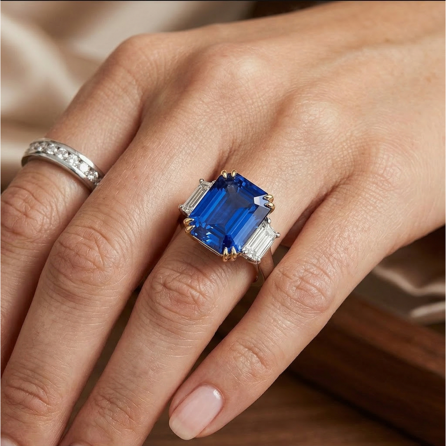 8 Carat Blue Sapphire And Natural Earth Mined Diamond ( Not Lab Grown )  Ring
