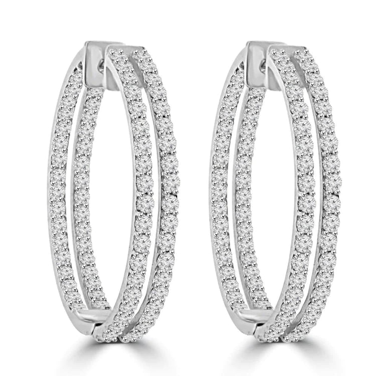 8 Carats Double Row Natural Diamonds Women Hoop Earrings White Gold 14K