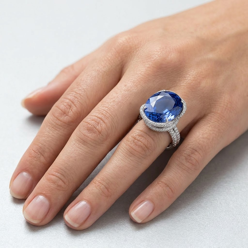 natural round sapphire 8ct ring on white background