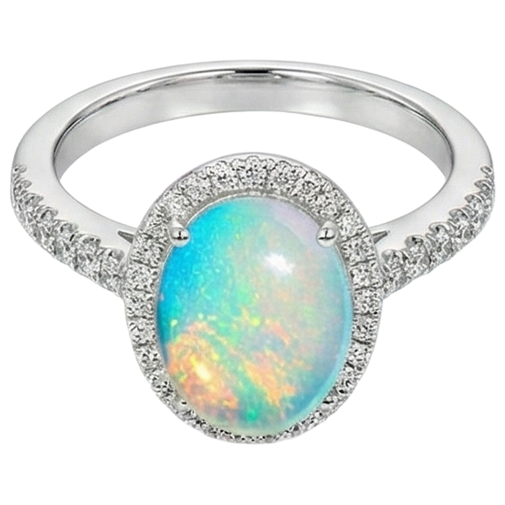 9.40 Ct Big Opal And Natural Earth Mined Diamond ( Not Lab Grown )s Anniversary Ring White Gold 14K