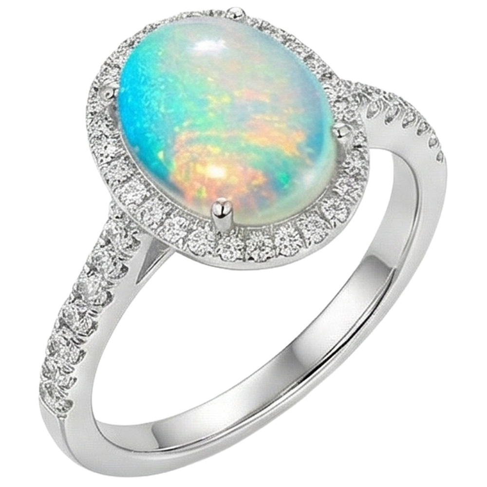 9.40 Ct Big Opal And Natural Earth Mined Diamond ( Not Lab Grown )s Anniversary Ring White Gold 14K