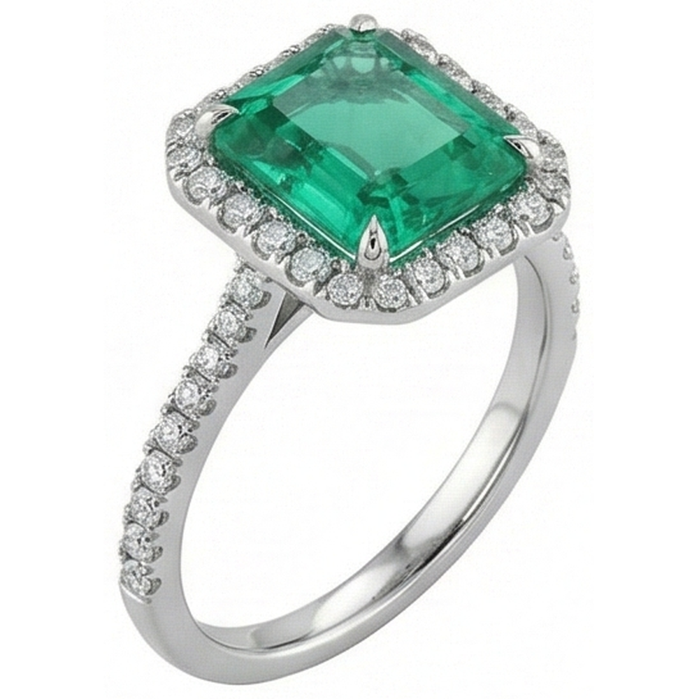 9.65 Ct Big Green Emerald And Small Natural Earth Mined Diamond ( Not Lab Grown )s Wedding Ring White Gold