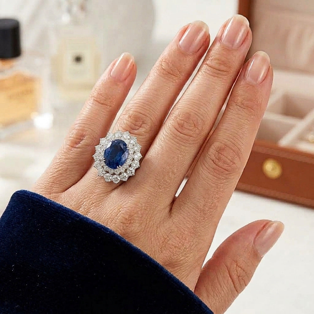 9.75 Ct Sri Lanka Blue Sapphire Natural Earth Mined Diamond ( Not Lab Grown )s Anniversary Ring White Gold