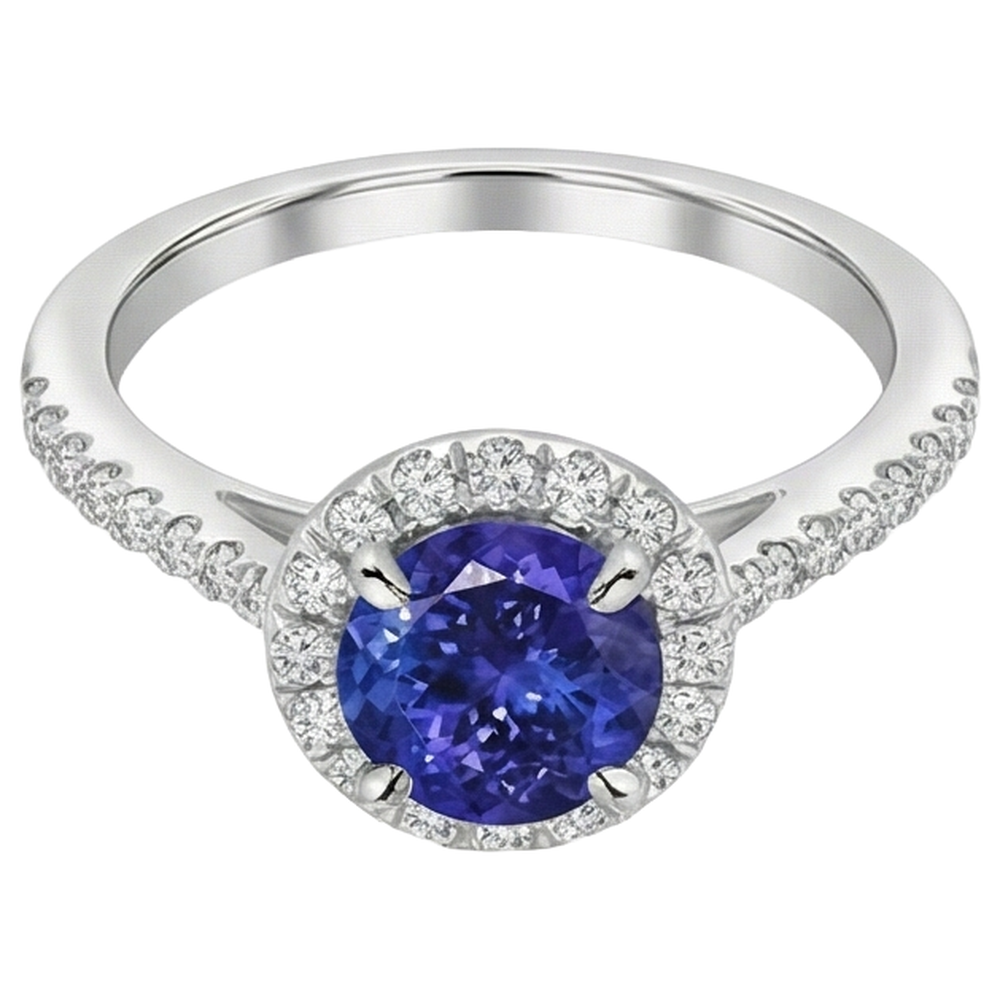 natural round tanzanite 9.85ct ring close up detail