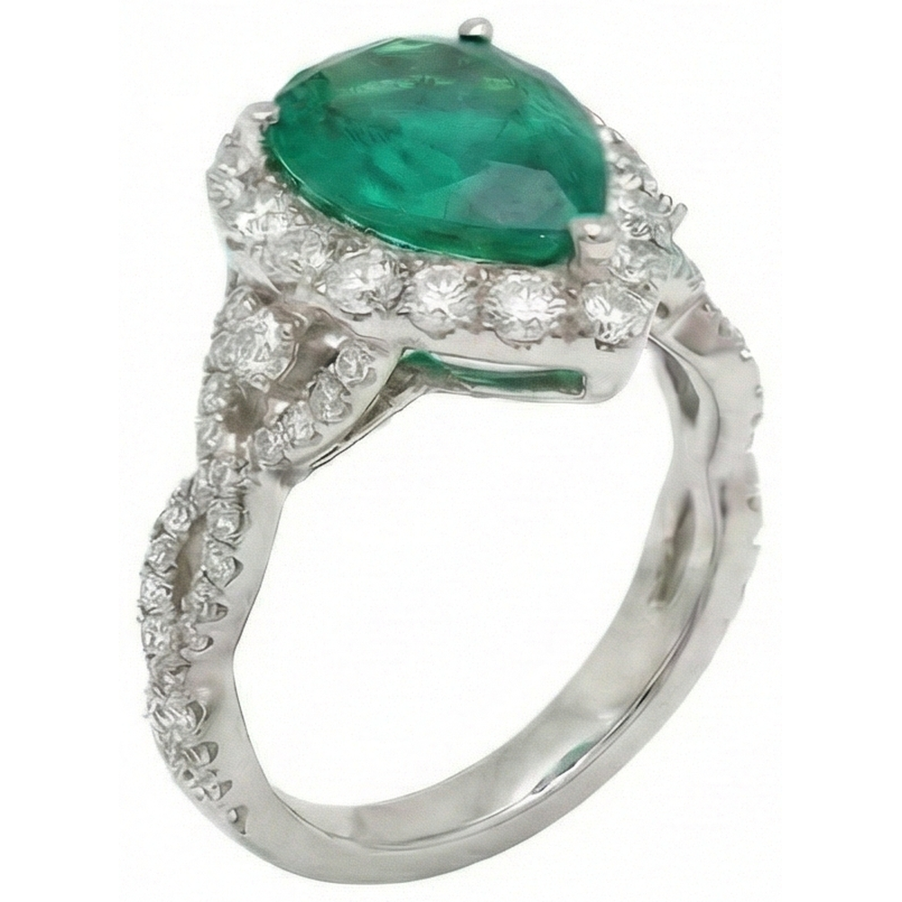9 Carats Pear Cut Green Emerald Natural Earth Mined Diamond ( Not Lab Grown ) Engagement Ring White Gold 14K
