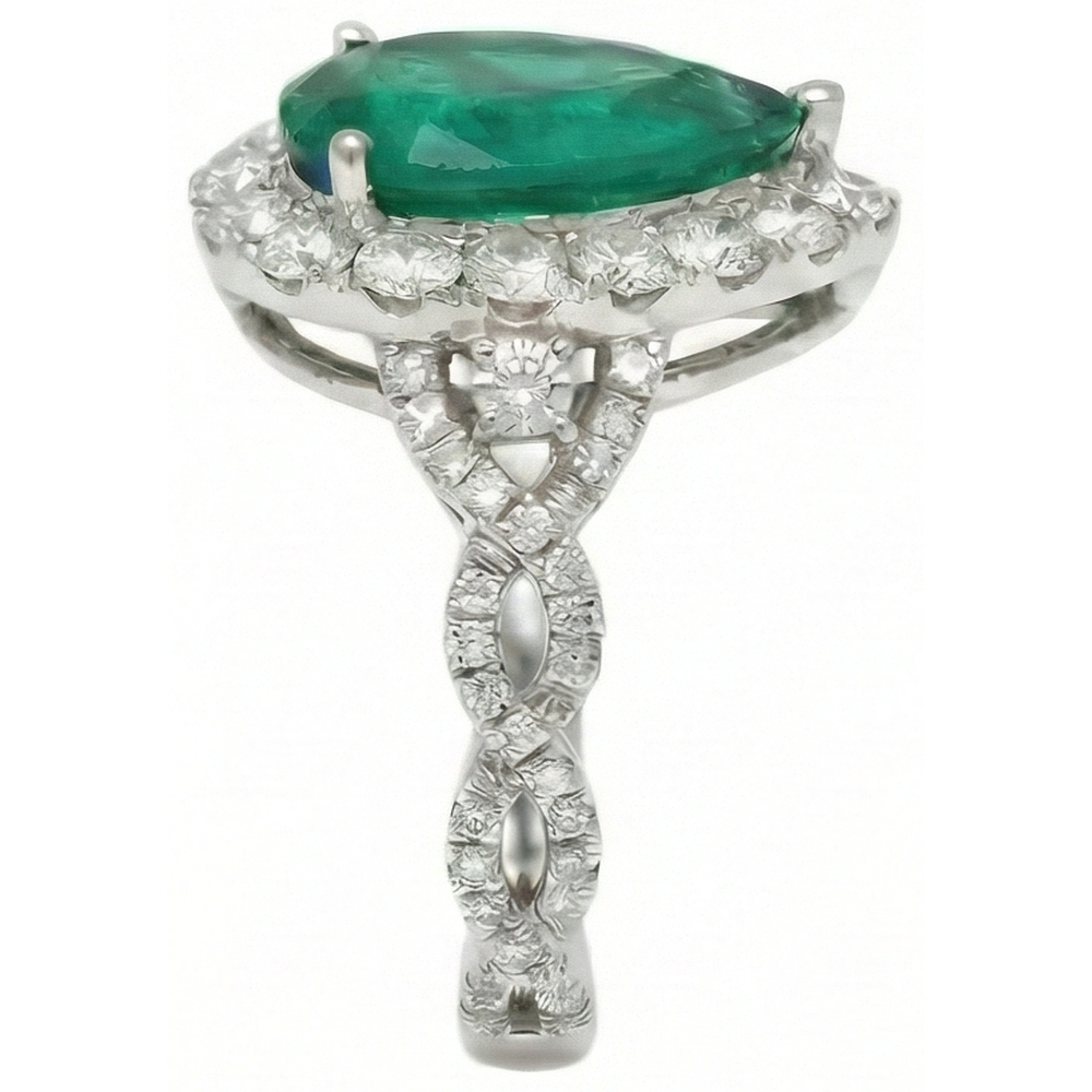 9 Carats Pear Cut Green Emerald Natural Earth Mined Diamond ( Not Lab Grown ) Engagement Ring White Gold 14K