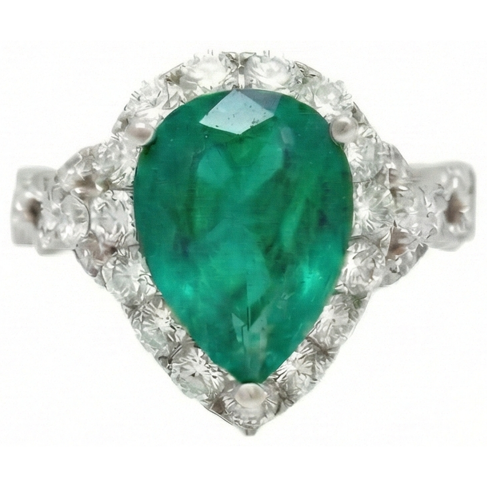 9 Carats Pear Cut Green Emerald Natural Earth Mined Diamond ( Not Lab Grown ) Engagement Ring White Gold 14K