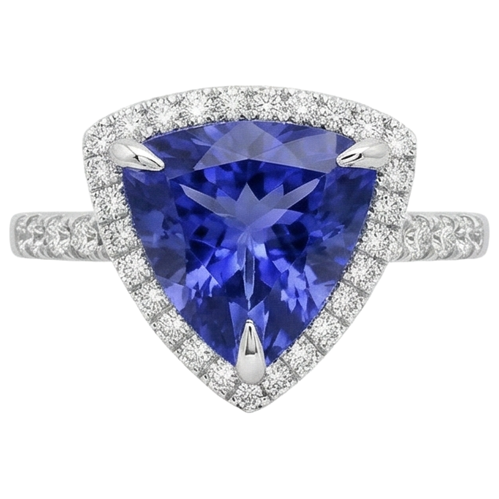 9 Carats Trillion Shape Tanzanite With Round Natural Earth Mined Diamond ( Not Lab Grown )s Ring White Gold