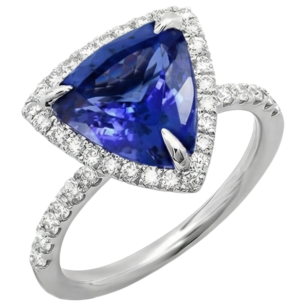 9 Carats Trillion Shape Tanzanite With Round Natural Earth Mined Diamond ( Not Lab Grown )s Ring White Gold