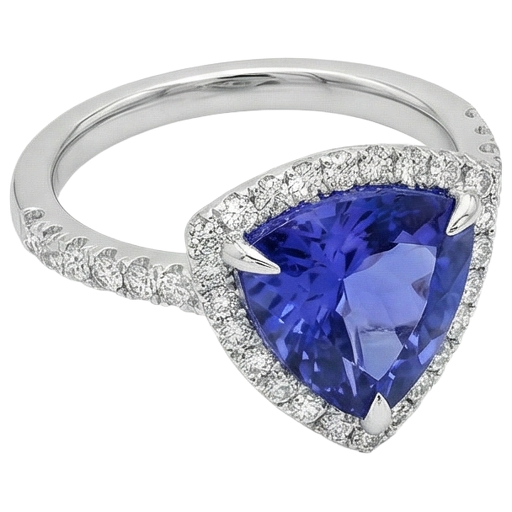 9 Carats Trillion Shape Tanzanite With Round Natural Earth Mined Diamond ( Not Lab Grown )s Ring White Gold