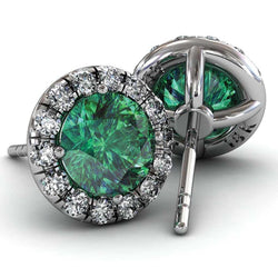 9.50 Carats Green Emerald With Natural Earth Mined Diamonds Stud Halo Earring White Gold 14K