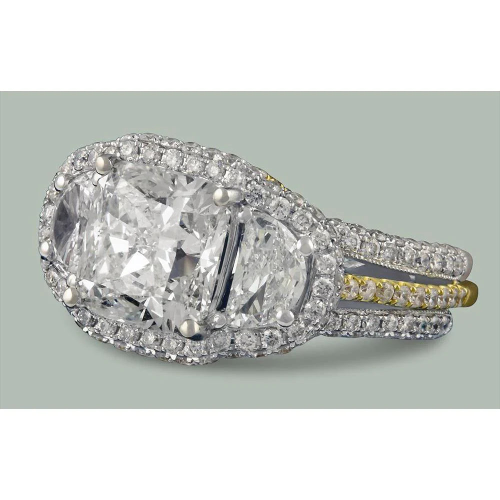 9 Carats Cushion & Half Moon Real Diamond Halo Ring Two Tone Gold