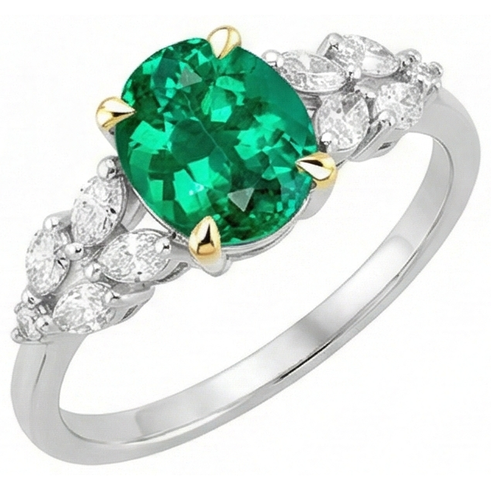 Earth-Mined Colombian Emerald Precious Stone Ring 2 ct 14 Karat Two Tone Gold – front view