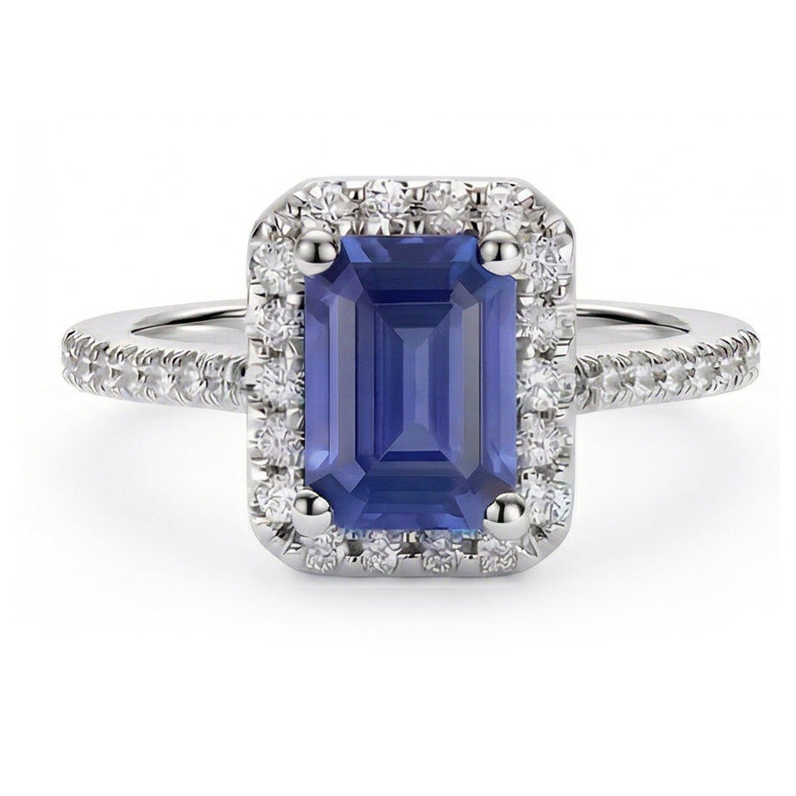 Anniversary Emerald Halo Blue Sapphire & Natural Earth Mined Diamond ( Not Lab Grown )s Ring 3.50 Carats